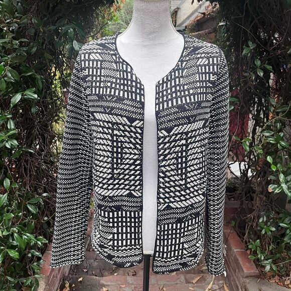 H&M GEO PATTERN OPEN FRONT BLACK & WHITE KNIT CARDIGAN SIZE M MEDIUM - Picture 11 of 12